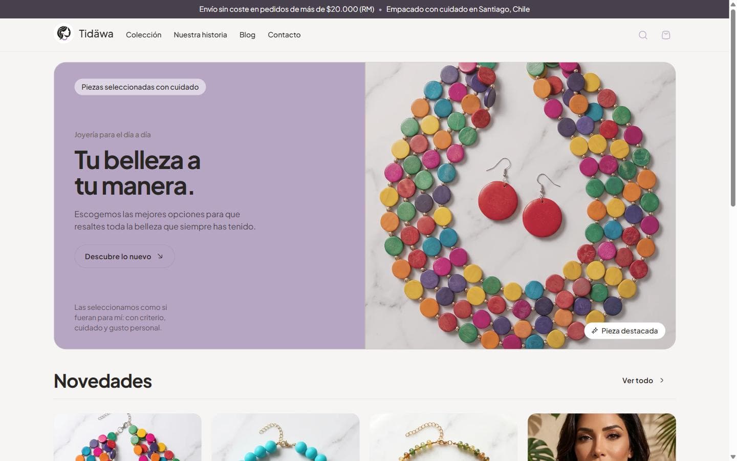 Tidäwa storefront with a jewelry collection and featured pieces
